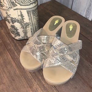 NWOT VOLATILE Gold Slip On Criss Cross Strap Wedge